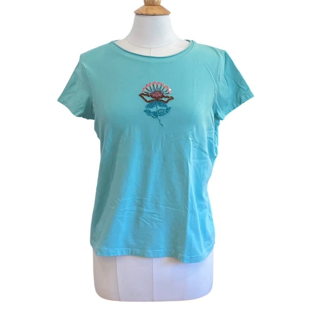 Christopher & Banks Aqua Blue Short Sleeve T-Shirt Beaded Lotus Flower, Size XL